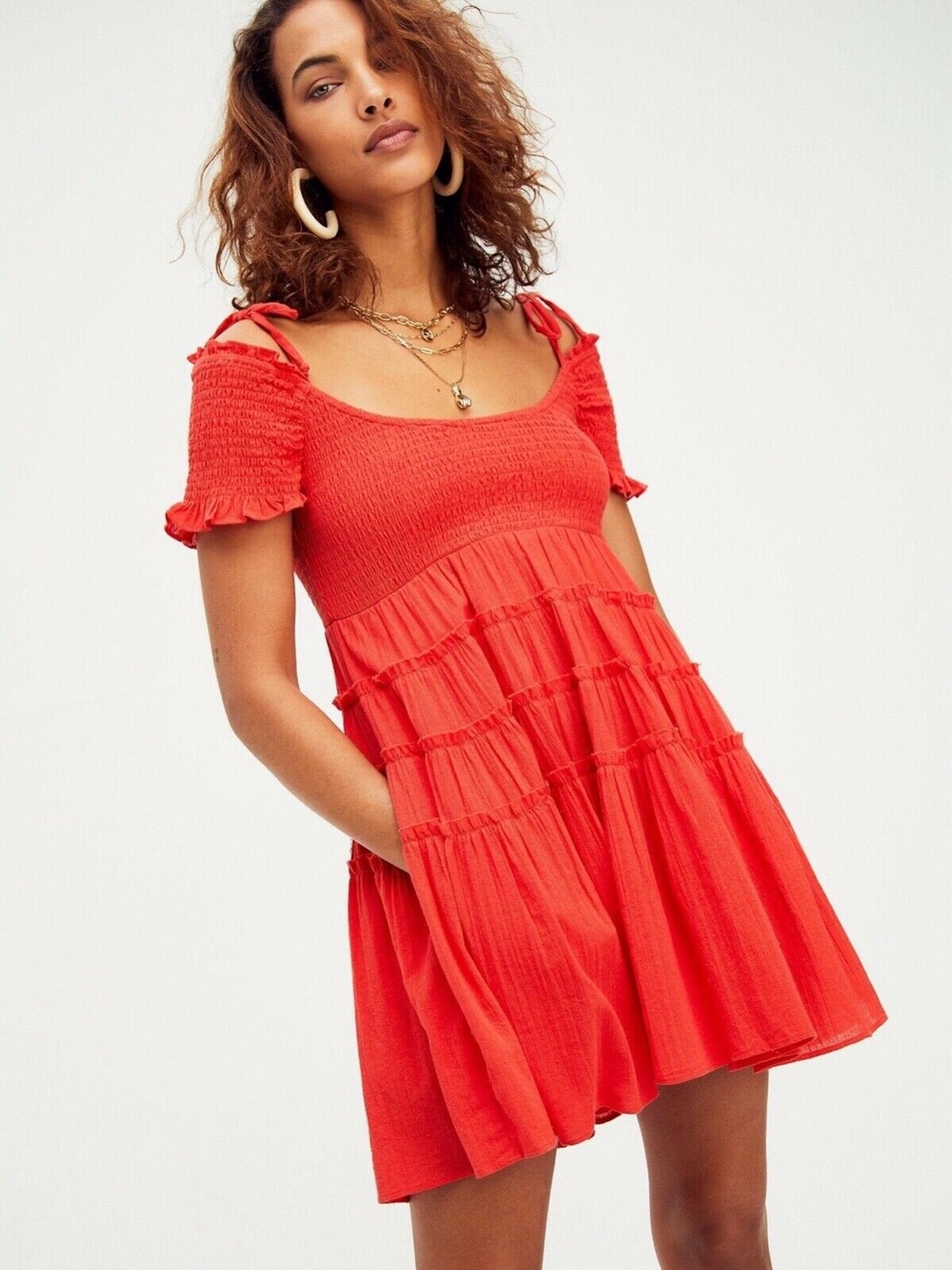 Free People Red Smocked Tiered Mini Dress Size M
